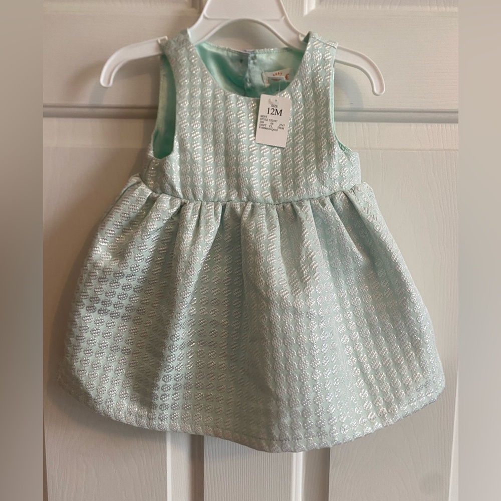 Cat and Jack baby dress-size 12 months-green and silver dots. Brand new.